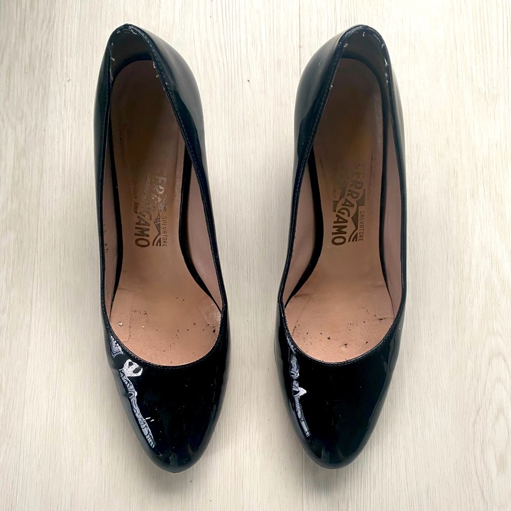 Black Ferragamo Patent Wedges Size 7.5
